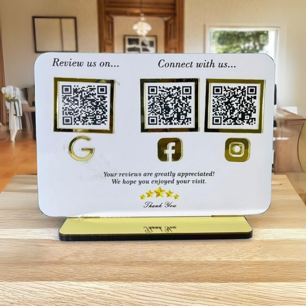  White 3 QR Standee | Google Review & Social Media | 6x8.5 Inch | 5mm Thick | NFC-Enabled.