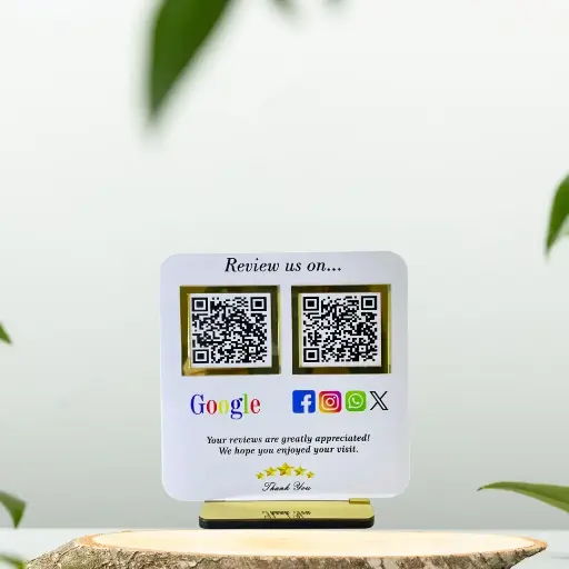 [2QRWhite] White Acrylic QR Digital Google Review Standee | 6x6 Inch | 5mm Thick | Google Review & Social Media QR | NFC-Enabled 