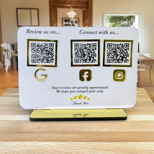 [3QRWhite]  White 3 QR Standee | Google Review & Social Media | 6x8.5 Inch | 5mm Thick | NFC-Enabled.
