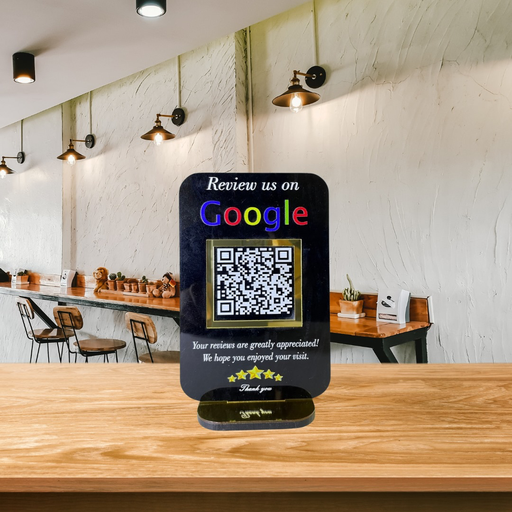 [1QRBlack] Black Acrylic QR Digital Google Review Standee | 5mm Thick |  Google Review Link Black Standy