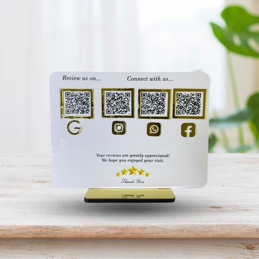 [4QRWhite] White 4 QR Standee | Google Review Standy & Social Media | 7x9.5 Inch | 5mm Thick | NFC-Enabled.