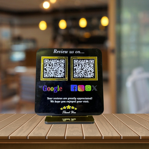 [2QRBlack] Black Acrylic QR Digital Google Review Standee | 6x6 Inch | 5mm Thick | Google Review & Social Media QR | NFC-Enabled  Black Standy