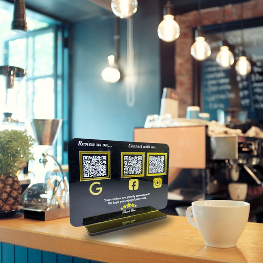 [3QRBlack]  3 QR Standee | Google Review & Social Media | 6x8.5 Inch | 5mm Thick | NFC-Enabled. Black Standy
